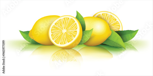 Realistic illustration of a whole and half lemon