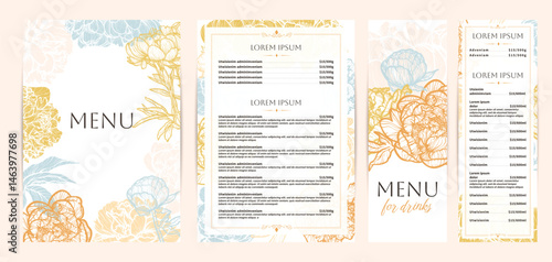 Colorful food and drinks menu designs. Restaurant menu template. Beautiful vector A4 format with high quality flowers for print and online usage. Pastel hand drawn line art peony illustrations. 
