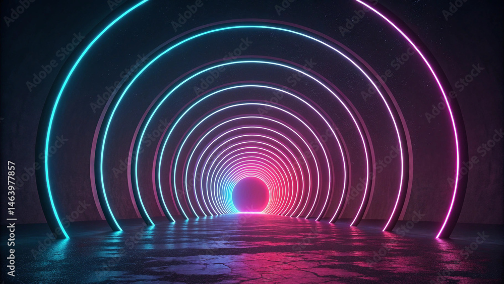 Fototapeta premium Neon lights tunnel background with glowing circles and reflections for futuristic design 3d rendering