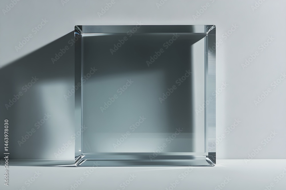 Transparent glass block illuminated with shadows creating geometric modern aesthetic Transparent glass block illuminated with shadows creating geometric modern aesthetic