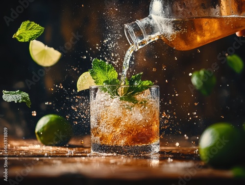 Bartender pouring a refreshing tequila cocktail with fresh mint and lime in a lively bar setting