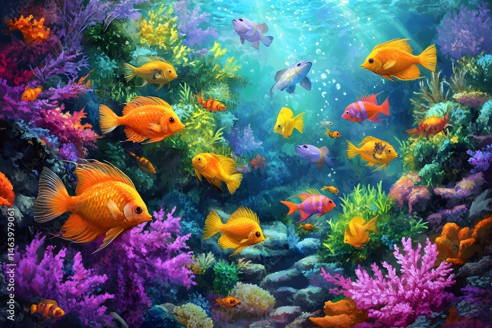 Fototapeta premium Underwater scene depicting a vibrant coral reef with colorful exotic fish swimming around
