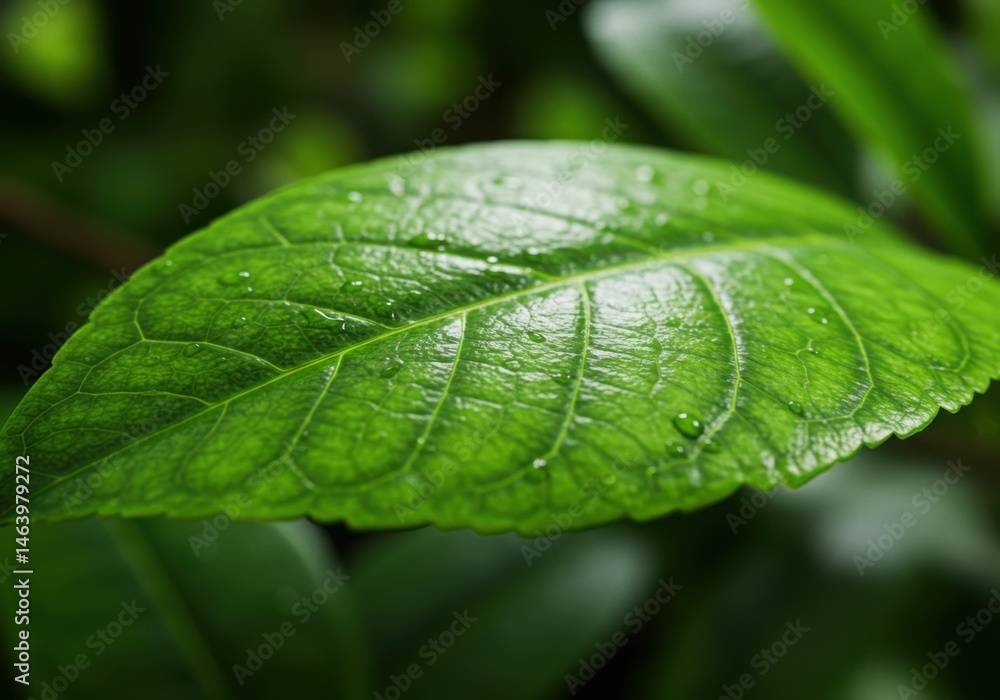 Close up shot of a vibrant green leaf with water droplets on it Close up shot of a vibrant green leaf with water droplets on it
