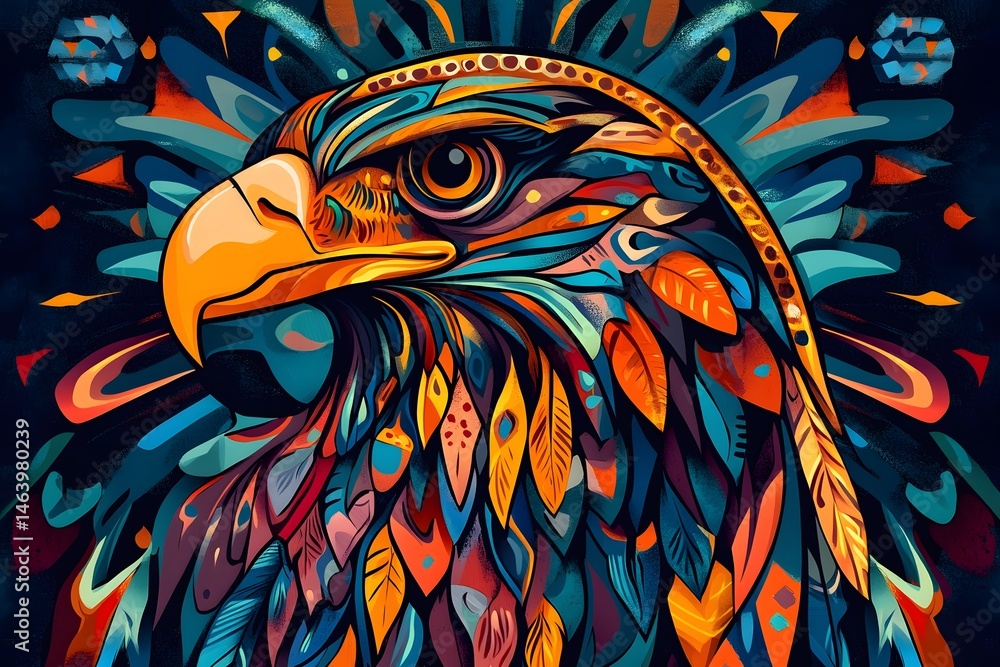 Fototapeta premium Vibrant artistic eagle head portrait with abstract geometric shapes and colorful design