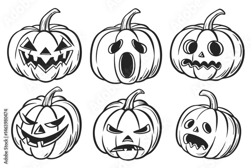 61 Halloween pumpkins, jack-o'-lanterns, hand-drawn sketch, pencil illustration, black and white, expressive faces, varied emotions, spooky, cute, detailed shading, realistic textures, array of six pu