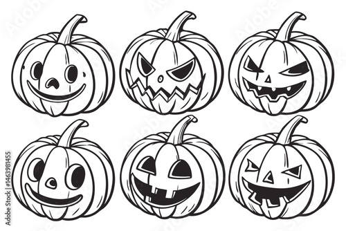 61 Halloween pumpkins, jack-o'-lanterns, hand-drawn sketch, pencil illustration, black and white, expressive faces, varied emotions, spooky, cute, detailed shading, realistic textures, array of six pu