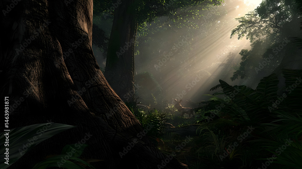 Fototapeta premium Sunlight Filtering Through Lush Forest
