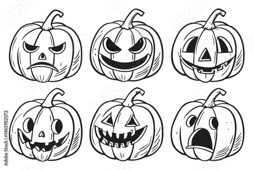 61 Halloween pumpkins, jack-o'-lanterns, hand-drawn sketch, pencil illustration, black and white, expressive faces, varied emotions, spooky, cute, detailed shading, realistic textures, array of six pu