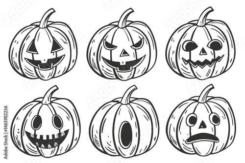 61 Halloween pumpkins, jack-o'-lanterns, hand-drawn sketch, pencil illustration, black and white, expressive faces, varied emotions, spooky, cute, detailed shading, realistic textures, array of six pu