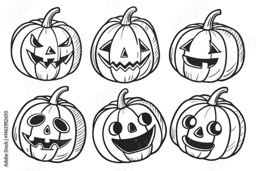 61 Halloween pumpkins, jack-o'-lanterns, hand-drawn sketch, pencil illustration, black and white, expressive faces, varied emotions, spooky, cute, detailed shading, realistic textures, array of six pu