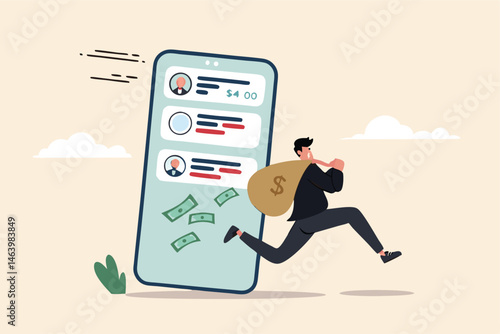 Thief Stealing Money From Mobile Banking App Financial Crime Concept