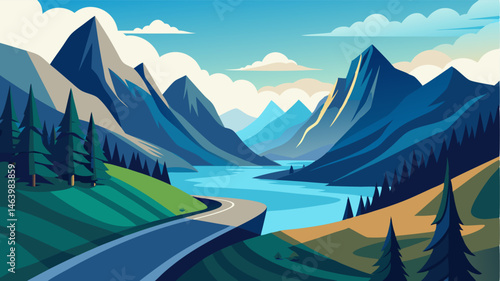 The winding road leads to the ultimate destination – a serene mountain lake surrounded by towering peaks and lush vegetation offering a moment of peace and reflection in the midst