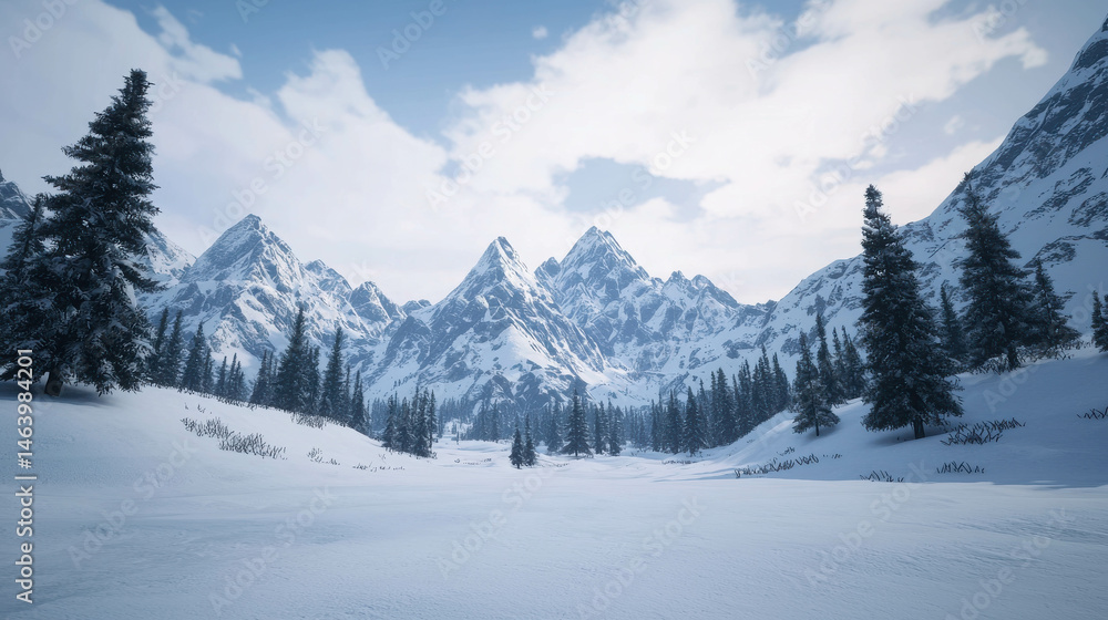 Fototapeta premium Majestic snowy mountain landscape with pine trees under a bright cloudy sky in winter season