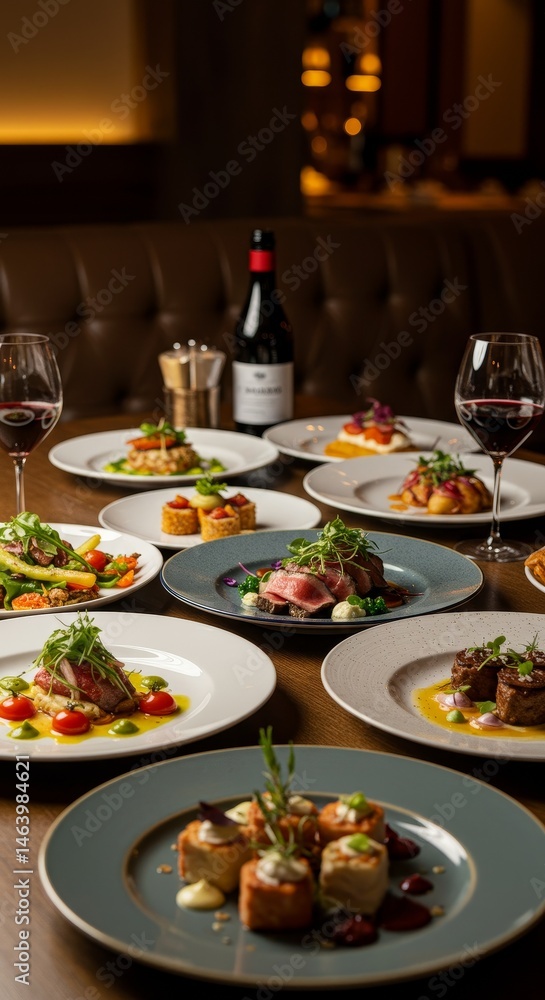 Multiple Plates of Gourmet Food and Wine Display on Table Multiple Plates of Gourmet Food and Wine Display on Table