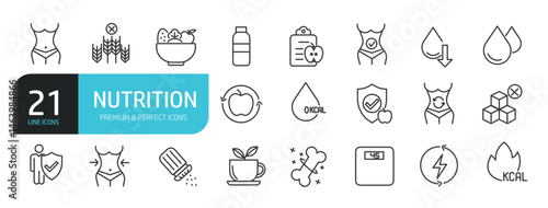 Set of line icons related to nutrition, healthy lifestyle, diet. Outline icons collection. Editable stroke. Vector illustration stock illustration