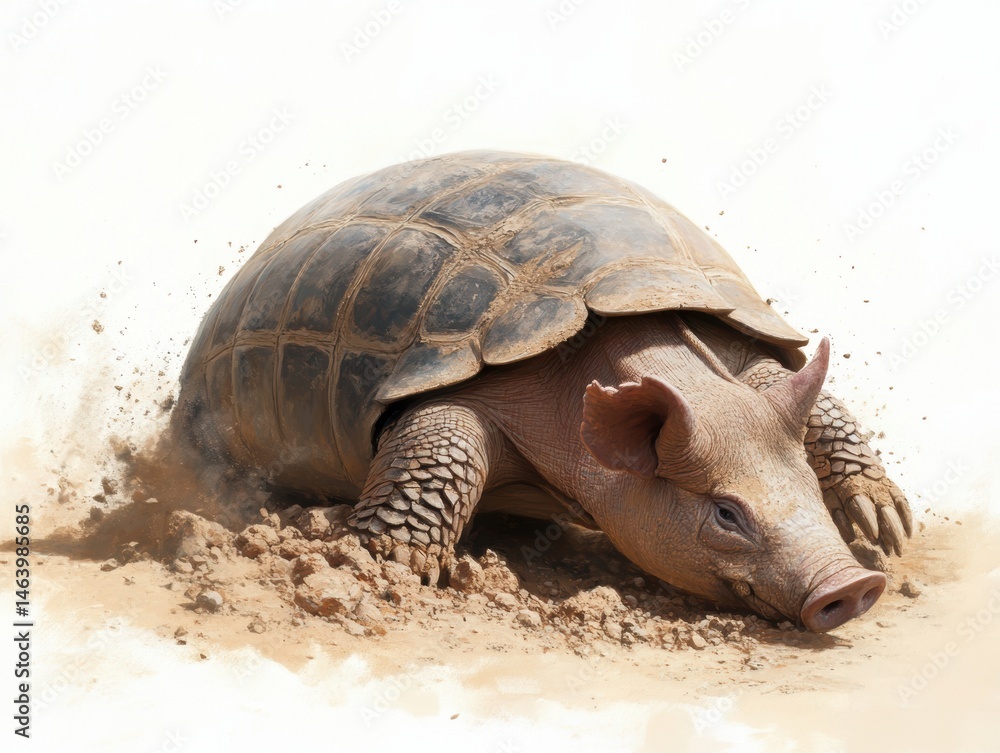 Obraz premium Quirky blend of a pig's snout and a tortoise shell in a playful sandy terrain