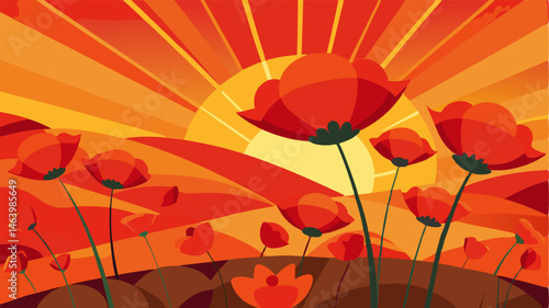 The vibrant red hues of the poppies are intensified by the golden rays of sunlight giving the landscape a warm and inviting glow.