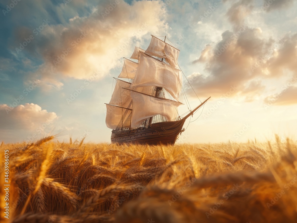 Fototapeta premium Sailing ship navigates through golden waves of wheat under a vibrant sky at sunset