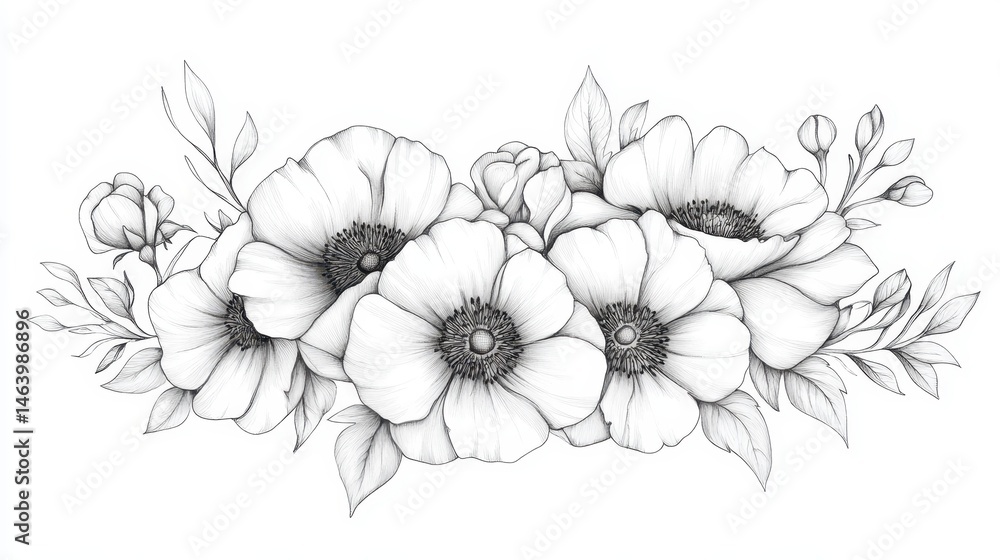 Obraz premium Detailed pencil sketch of anemone flowers and leaves. Ideal for elegant invitations or artistic design projects.