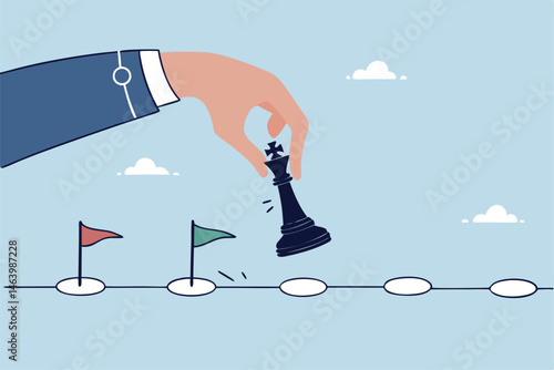 Hand Placing Chess King Piece Along A Path With Flags Illustration