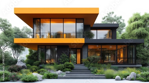 A large house with a yellow trim and black trim