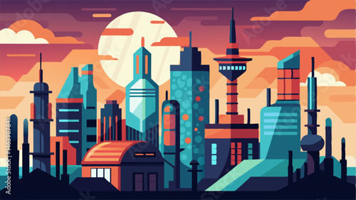 The urban skyline showcasing a fusion of futuristic structures and old industrial buildings.