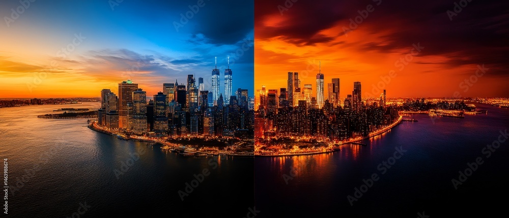 Fototapeta premium A split image showcases a cityscape at sunset, with one half exhibiting a cool blue tone and the other a warm orange hue