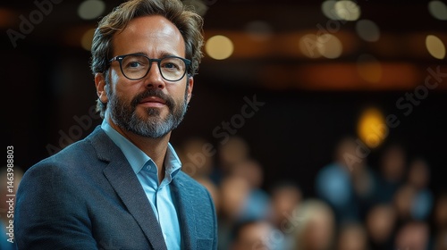 Man in glasses & blazer, facing forward, in audience. Soft light backdrop