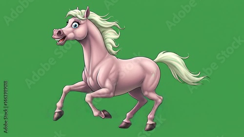 Animated illustration of a pink horse in a dynamic running posture against a green backdrop