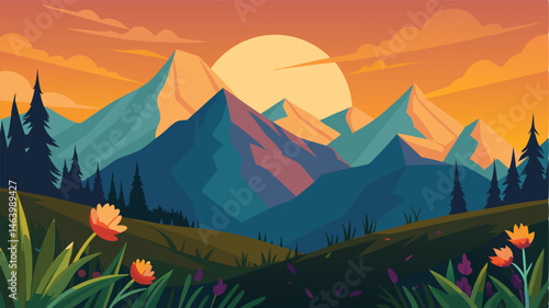 The sun sets behind the towering mountains casting a golden light on the blankets of wildflowers and grasses in the alpine meadow.