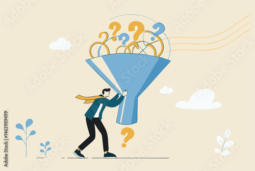 Man Filtering Ideas With Question Marks Using A Funnel Concept Illustration