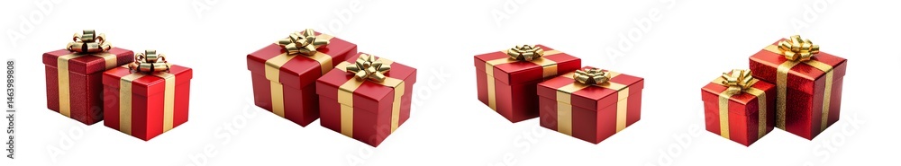 Fototapeta premium Several gift boxes wrapped in red paper with gold ribbon isolated on transparent background