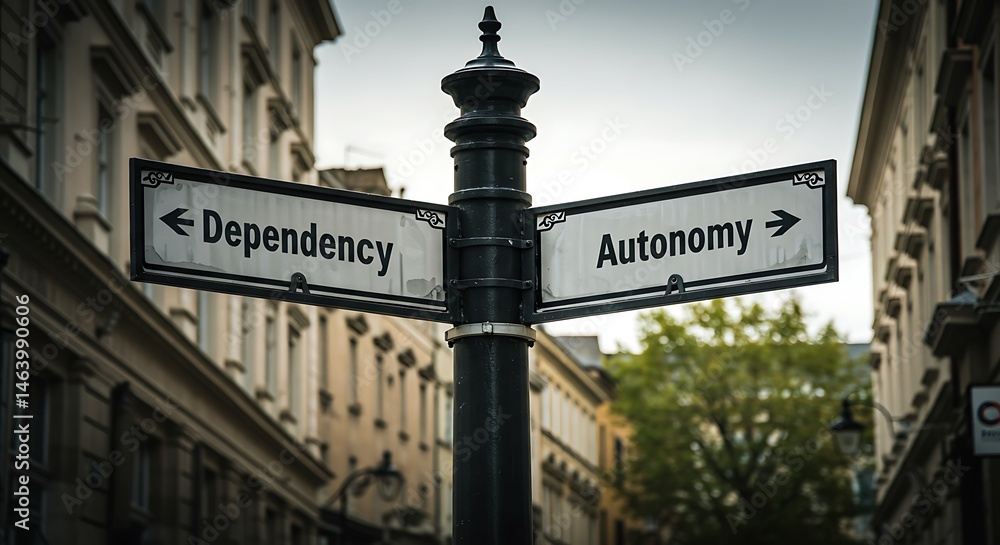 Obraz premium Street sign pointing towards Dependency and Autonomy in a cityscape.