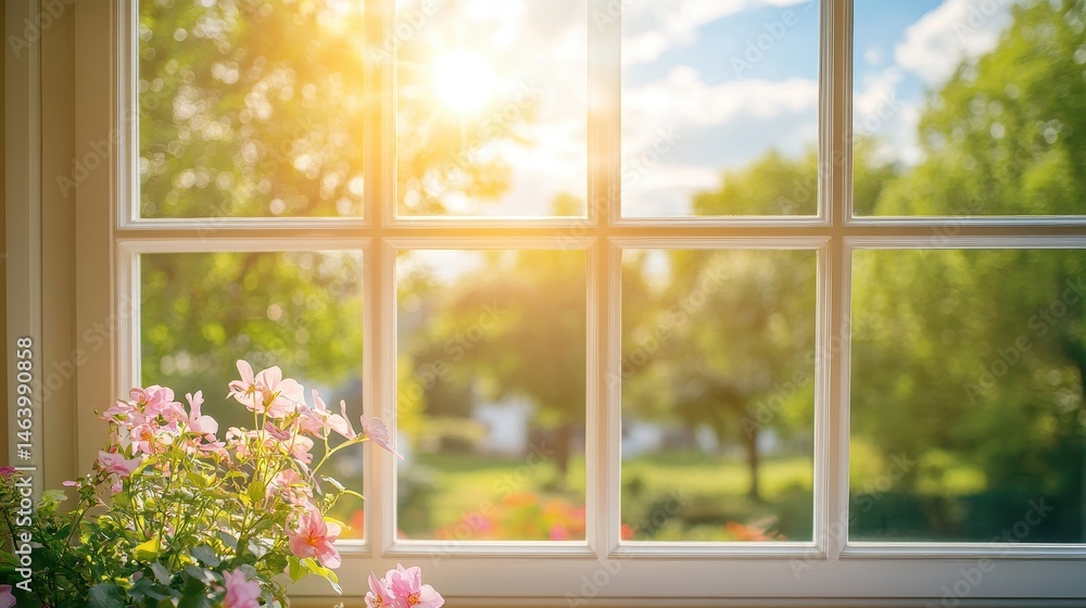 Naklejka premium Sunny window view with pink flowers, bright natural light and green trees. Great for spring, summer designs, hope, and new beginnings themes.