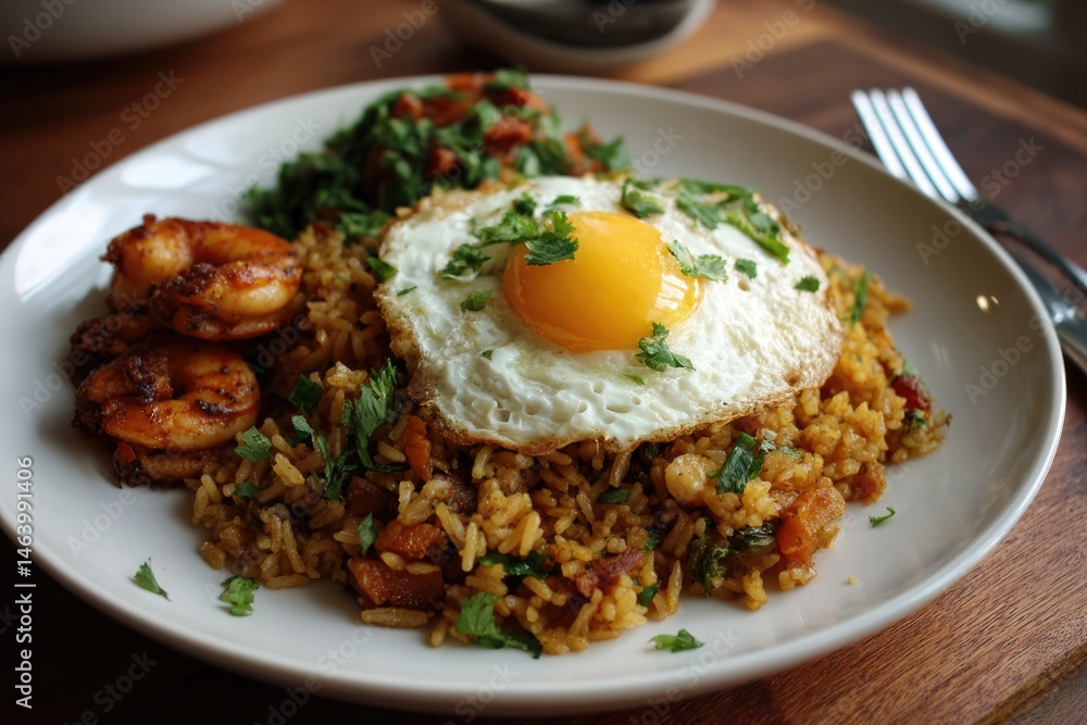 Savory Fried Rice Delight: Golden Egg, Spicy Shrimp, and Vibrant Herbs Savory Fried Rice Delight: Golden Egg, Spicy Shrimp, and Vibrant Herbs