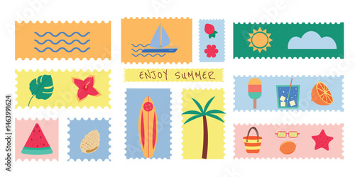 Summertime wavy frame set. Postcard for vacation web design pack. Label seasonal concept collection. Vector illustration
