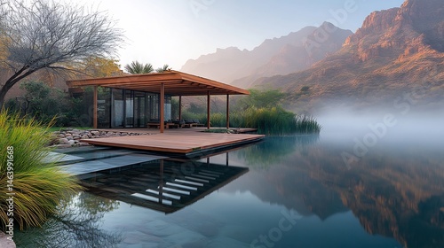 Fogshrouded desert pavilion recycled metal canopy doubled in reflective water at first light