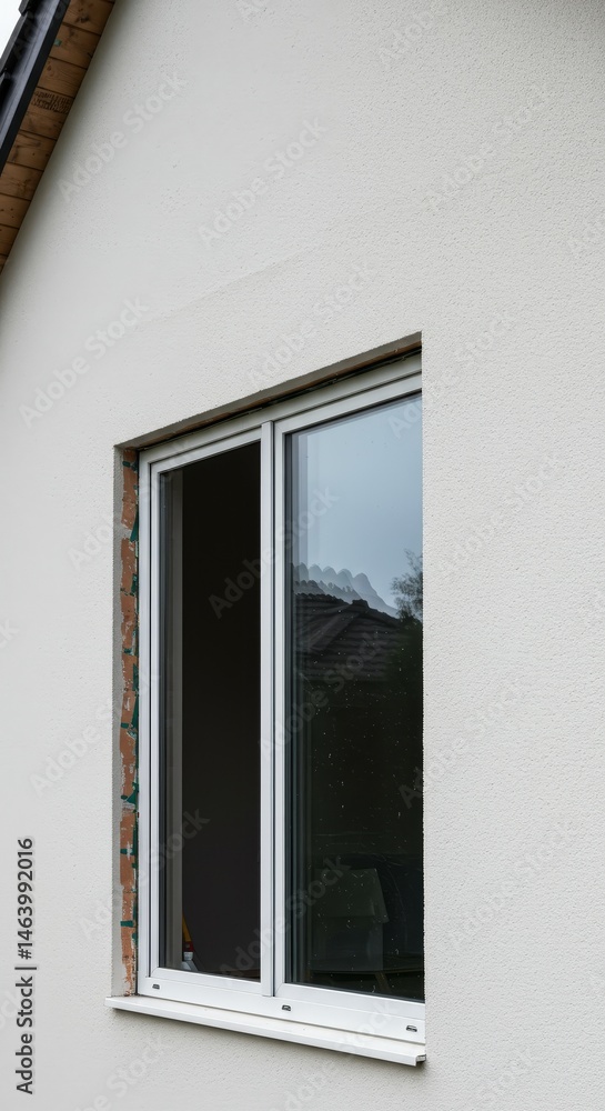 Fototapeta premium Open Window Frame on a White Textured Wall of Residential Building