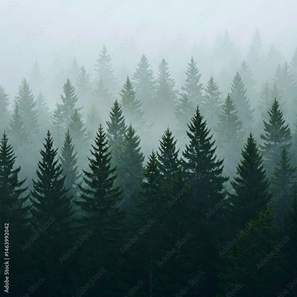 Dense coniferous forest shrouded in thick morning fog, with rows of pine trees fading into the mist, creating a serene, moody atmosphere in a vertical landscape composition. Dense coniferous forest shrouded in thick morning fog, with rows of pine trees fading into the mist, creating a serene, moody atmosphere in a vertical landscape composition.