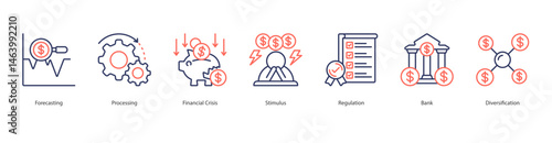 Financial forecast icon sheet web banner vector forecasting, processing, financial crisis, stimulus, regulation, bank, diversification