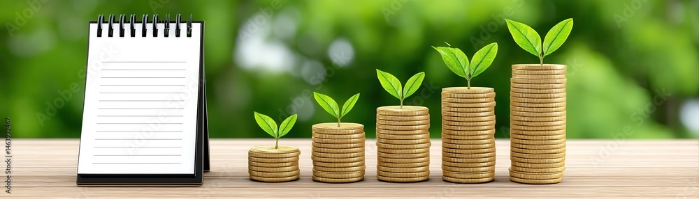 Wealth growth concept with stacked coins increasing in size and small green plant sprouts symbolizing financial growth and investment success on natural background Wealth growth concept with stacked coins increasing in size and small green plant sprouts symbolizing financial growth and investment success on natural background