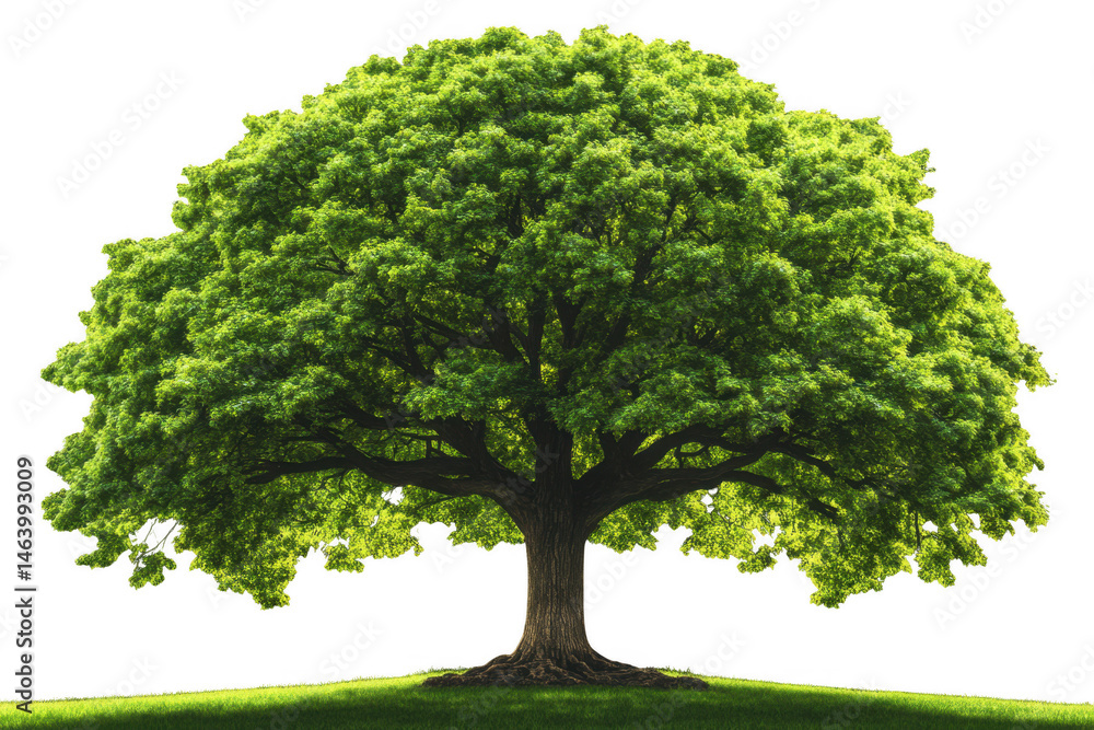 Giant tree with lush green leaves and broad canopy stands majestically on grassy hill, symbolizing nature beauty and strength. Its vibrant foliage creates serene atmosphere Giant tree with lush green leaves and broad canopy stands majestically on grassy hill, symbolizing nature beauty and strength. Its vibrant foliage creates serene atmosphere