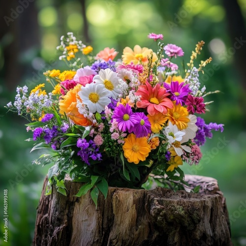 Wallpaper Mural Vibrant flower bouquet on a rustic wooden stump Torontodigital.ca