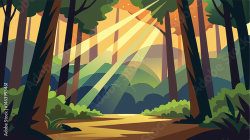 Sunlight filtering through the canopy creates a heavenly glow casting dappled shadows over the forest floor below.