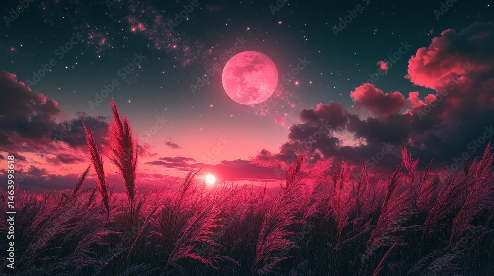 Naklejka premium Full moon and Japanese pampas grass in midnight,The harvest Miscanthus sinensis and full moon,beautiful night sky in the countryside with the perfect moon exudes beauty in the dark.