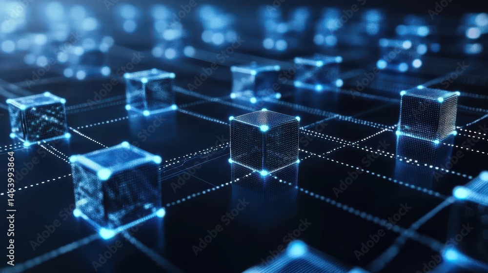 Obraz premium Ultra quality image of abstract digital blockchain network concept with glowing blue cubes on a dark background.