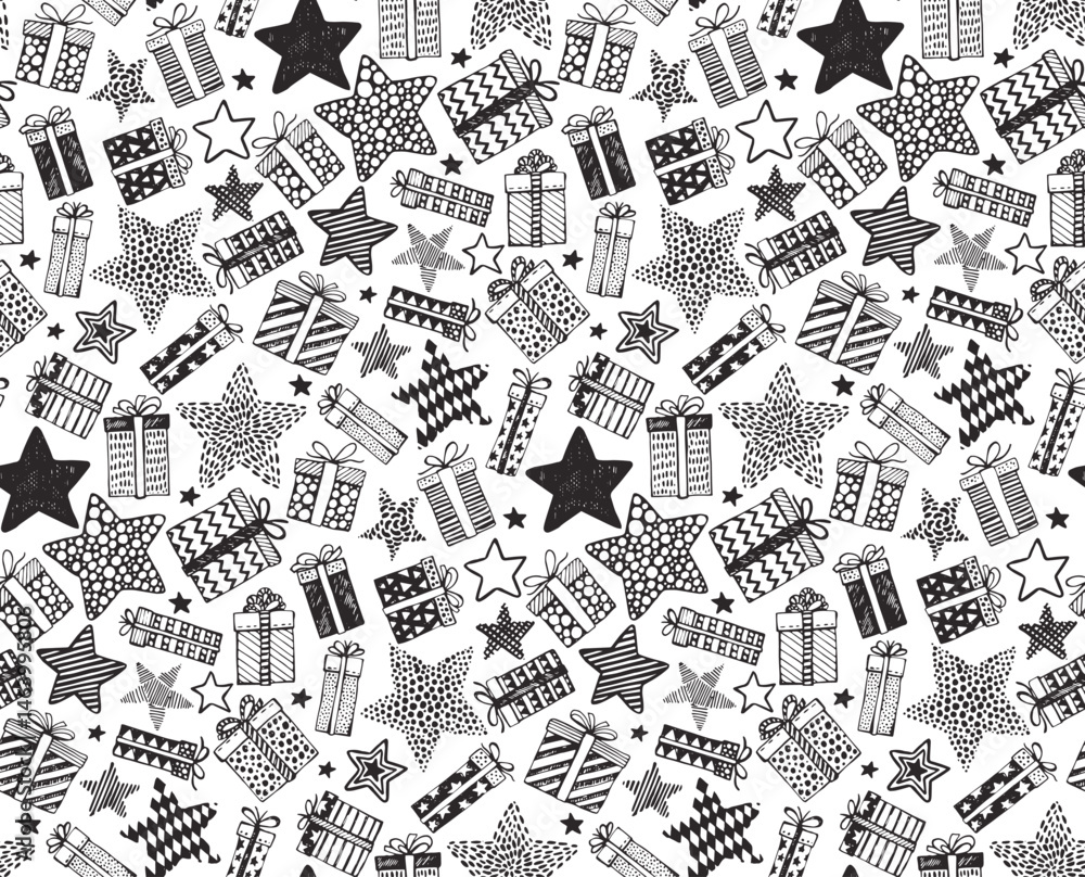 Fototapeta premium Hand-drawn Seamless Pattern with Gift Boxes and Stars