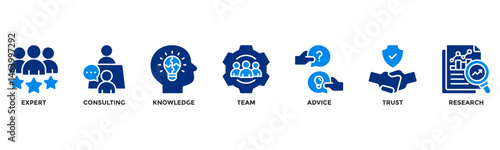 Expertise icons collection containing expert, consultation, knowledge, team, advice, trust and research. Suitable for business, professional and corporate concepts.