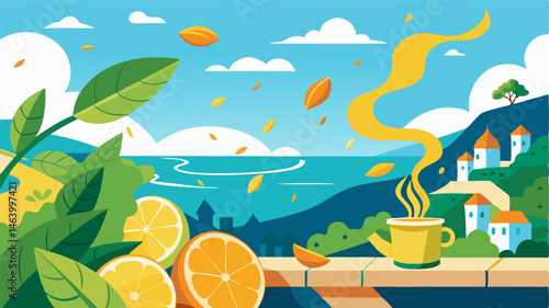 The aroma of fresh herbs and citrus wafting through the air on a stunning terrace overlooking a winding coastline and quaint fishing village.