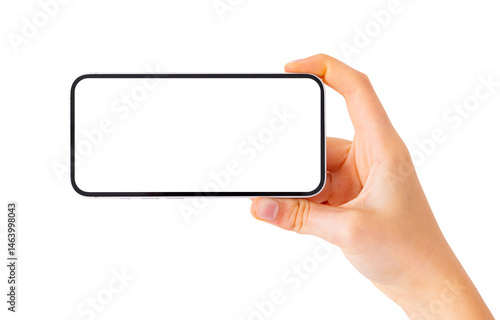 Mobile phone horizontally in hand, screen mockup